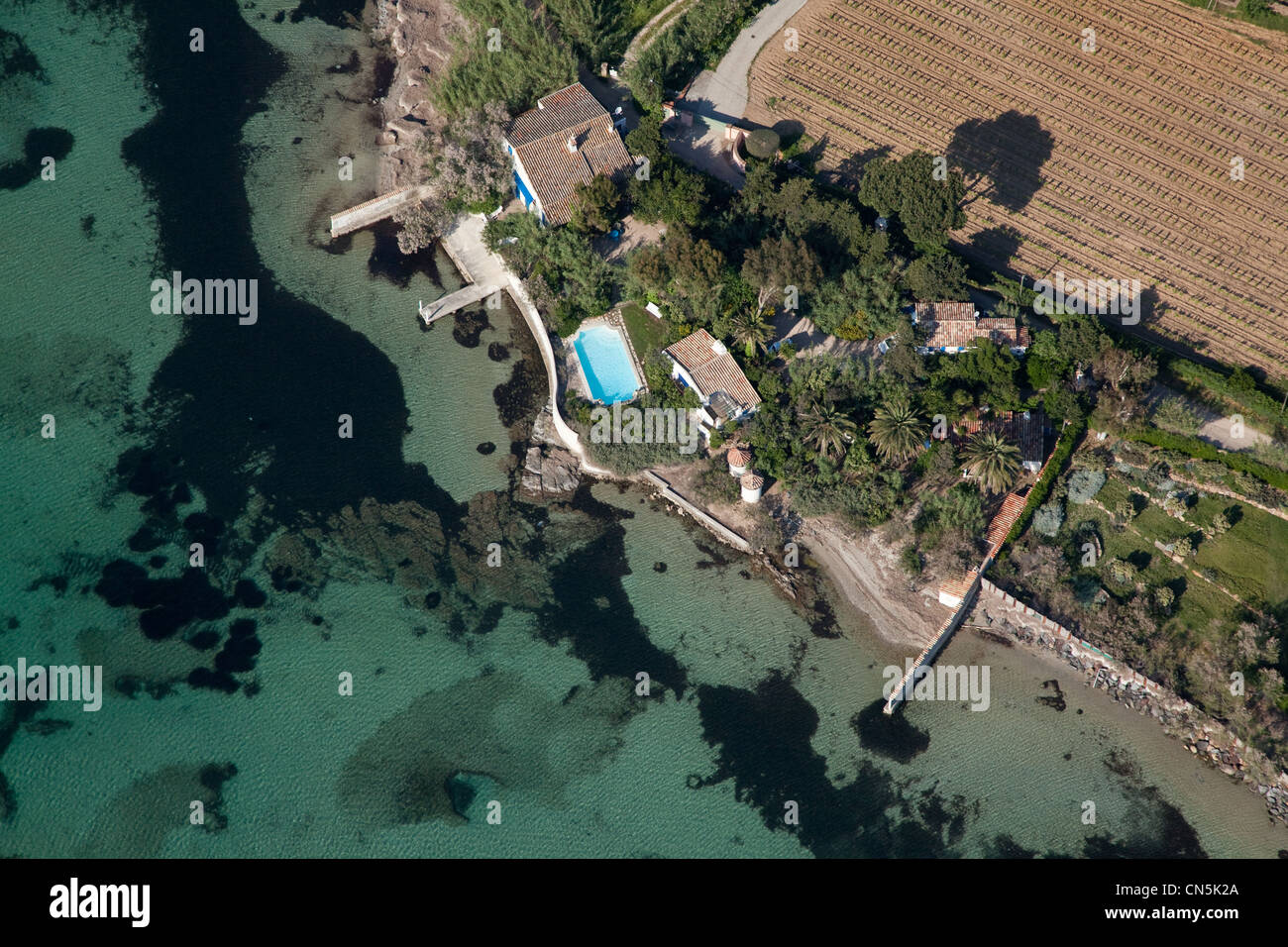 France, Var, St Tropez, the bay, Canebiers Madrague, villa with pool on the seafront of Brigitte Bardot (aerial view) Stock Photo