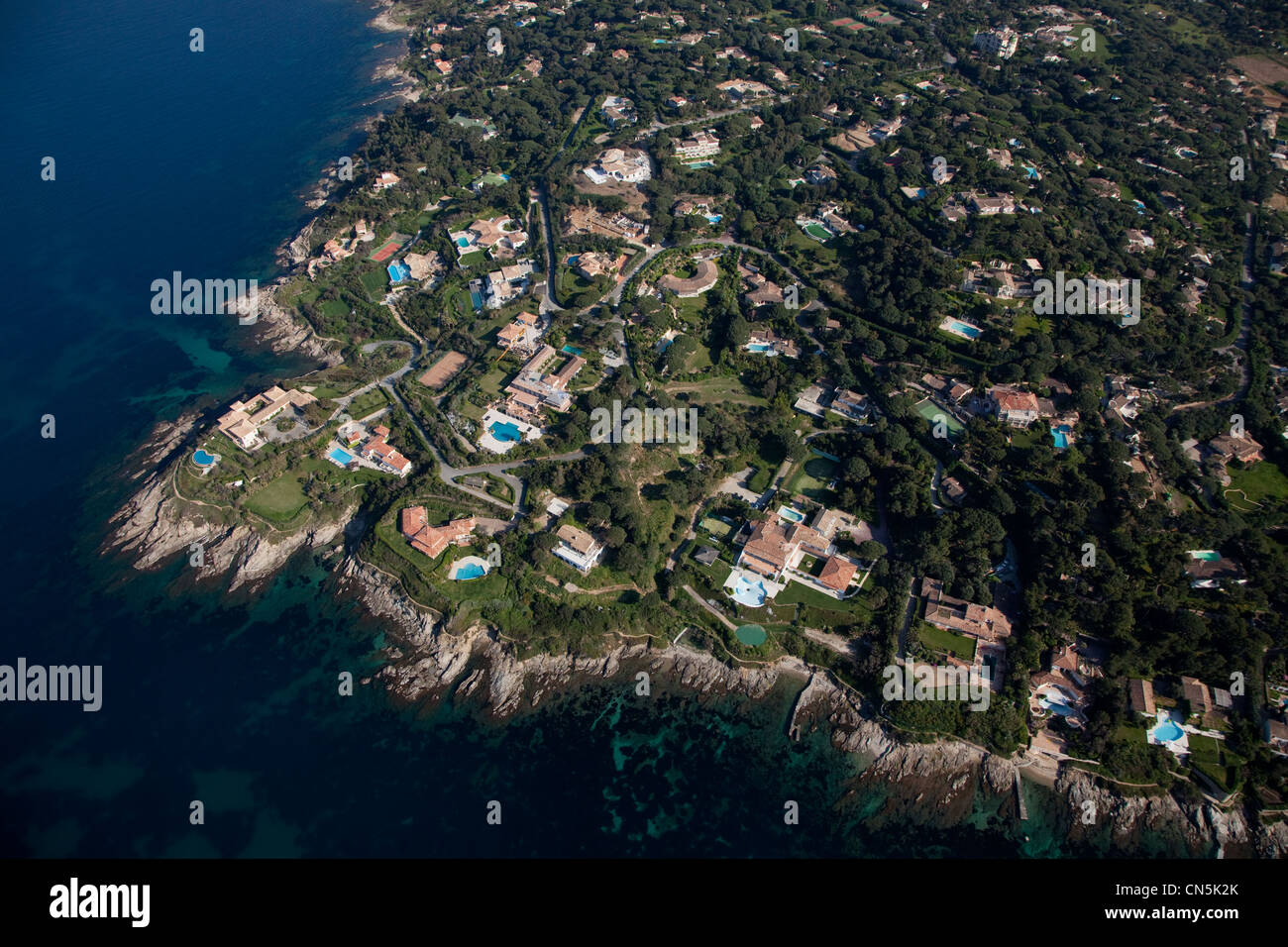France, Var, St Tropez, Cap St Pierre and the tip of the Rabiou, Brigitte Bardot villa, Madrague the bottom of the image and Stock Photo