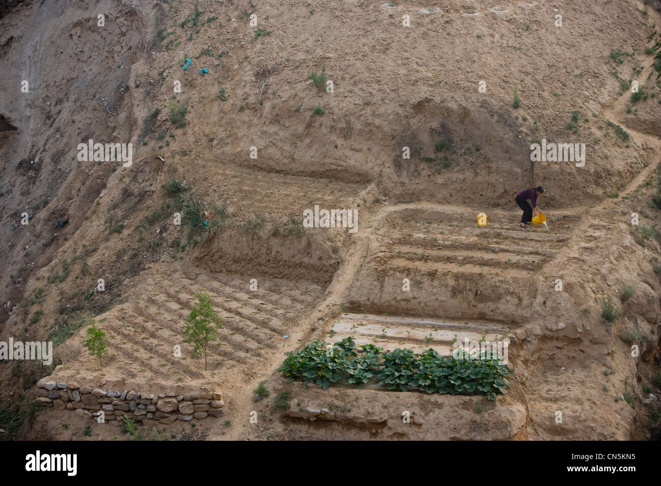 Villages near LINXIAN, HENAN PROVINCE, CHINA - JUNE 2006: Villagers cutivate on terreced fields on a bend in the river. Stock Photo