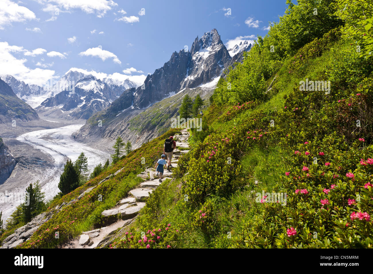 France, Haute Savoie, Chamonix Mont Blanc, hiking on Montenvers by Les Rendez vous du Montenvers Theme hiking trail with a view Stock Photo