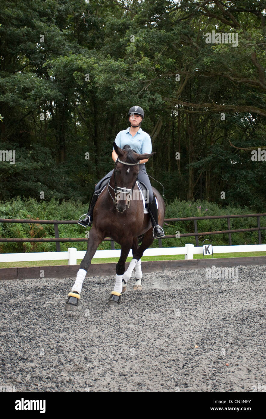 Dressage trainer on a horse training in an outdoor arena, London, England, UK. Stock Photo