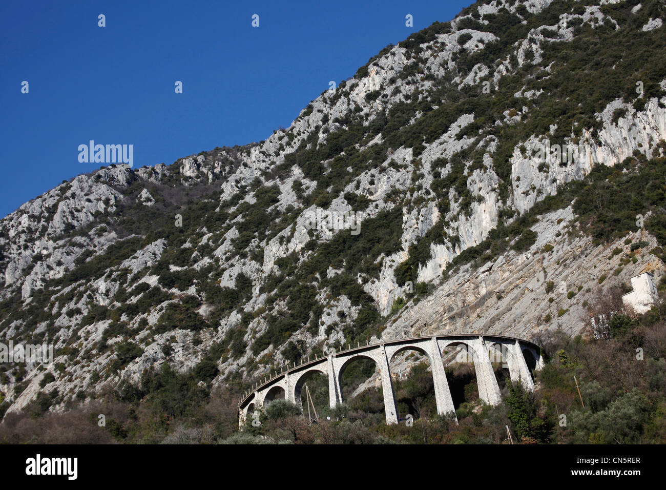 France, Alpes Maritimes, Roya and Bevera valley, near the Sospel, curved bridge for the Nice Cuneo railway Stock Photo