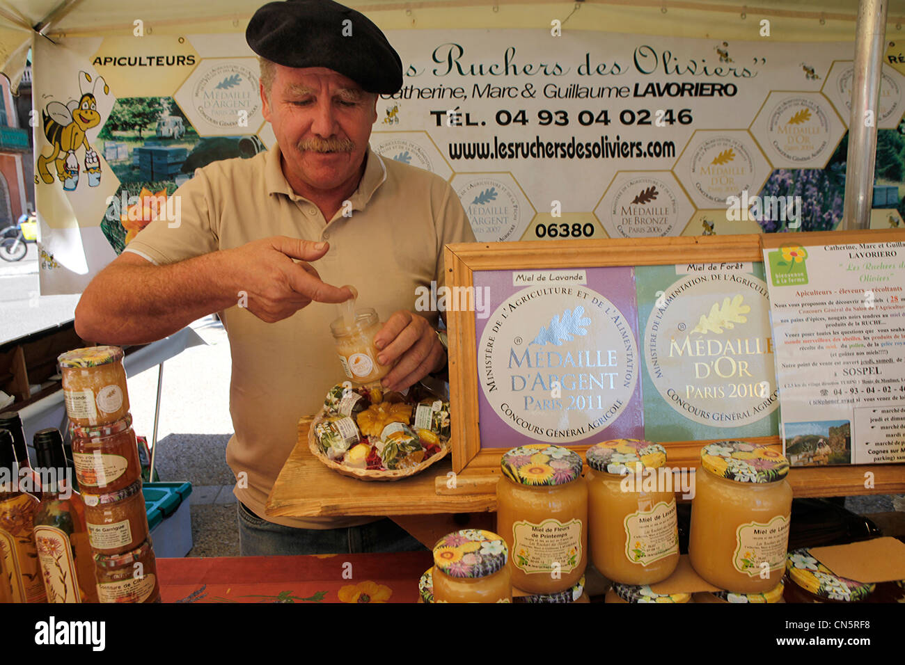 France, Alpes Maritimes, Roya valley, Sospel, the market, Marc Lavoriero, beekeeper Stock Photo