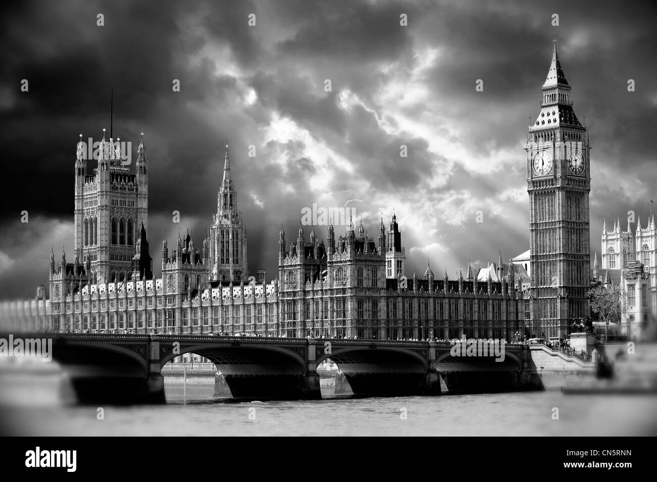 Big Ben and the Houses of Parliament, Westminster, London. Black & white dramatic picture Stock Photo