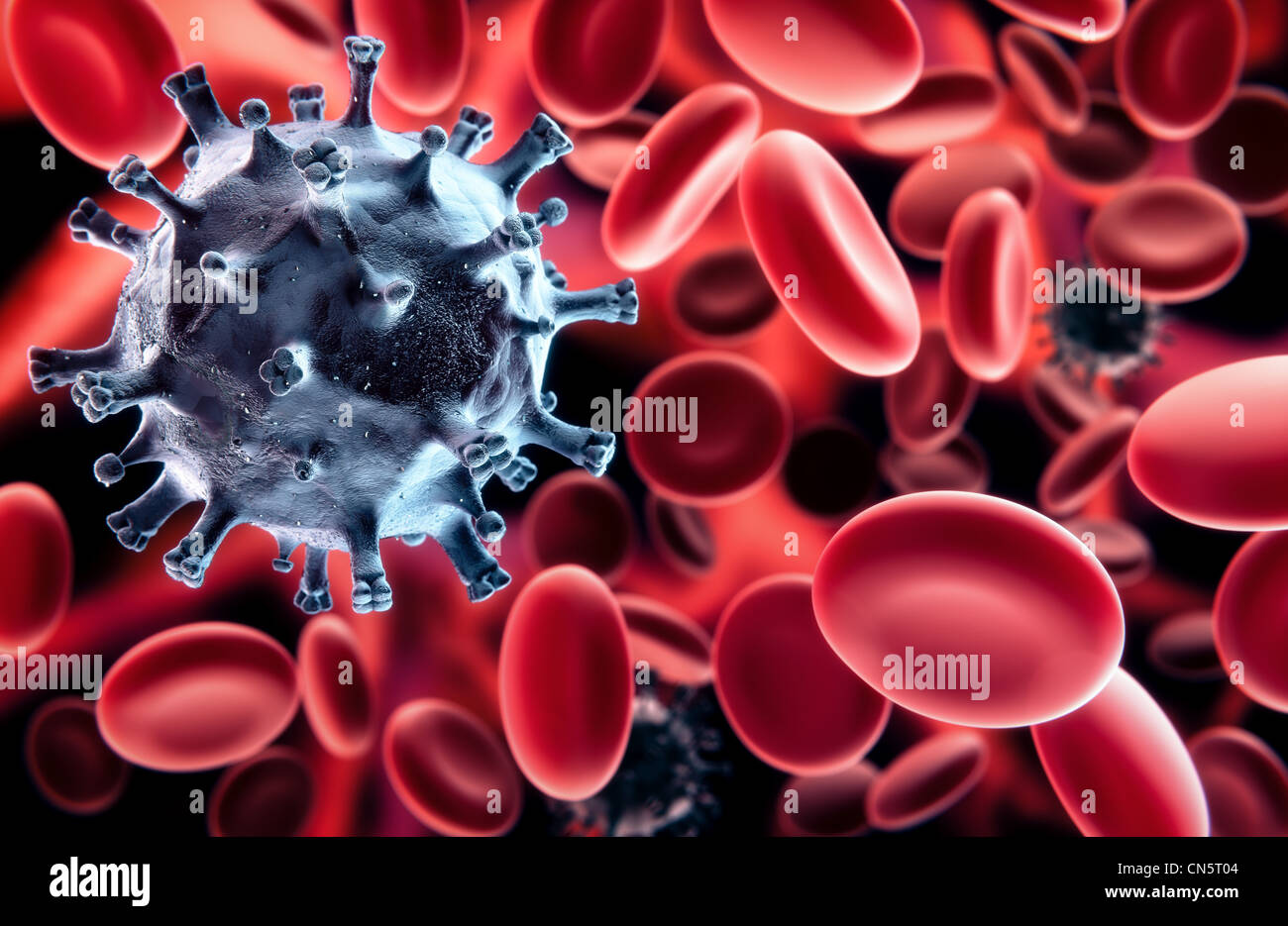 Virus in blood – among the red blood cells – Scanning Electron Microscopy stylized Stock Photo