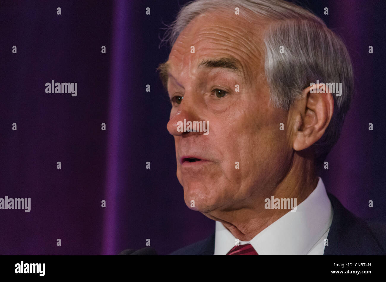 2012 presidential candidate, Ron Paul, speaks to supporters in San Francisco, California on 04/05/2012. Stock Photo