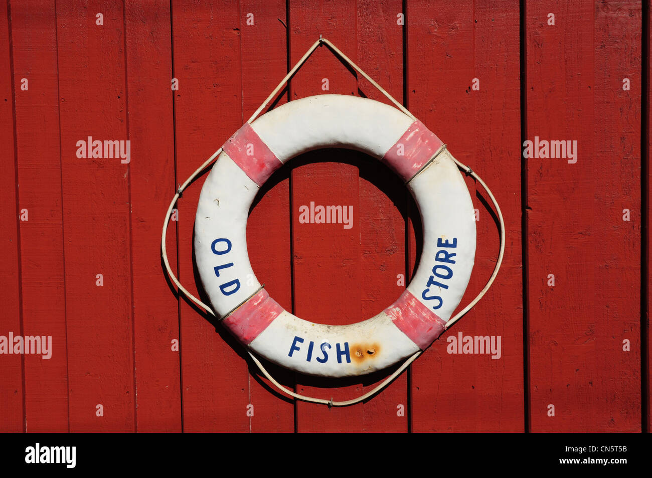 Lifebelt with name Old Fish Store, Lympstone, Devon, England, UK Stock ...