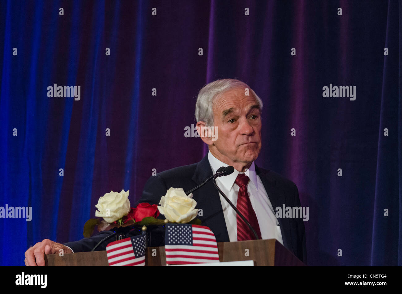 2012 presidential candidate, Ron Paul, speaks to supporters in San Francisco, California on 04/05/2012. Stock Photo