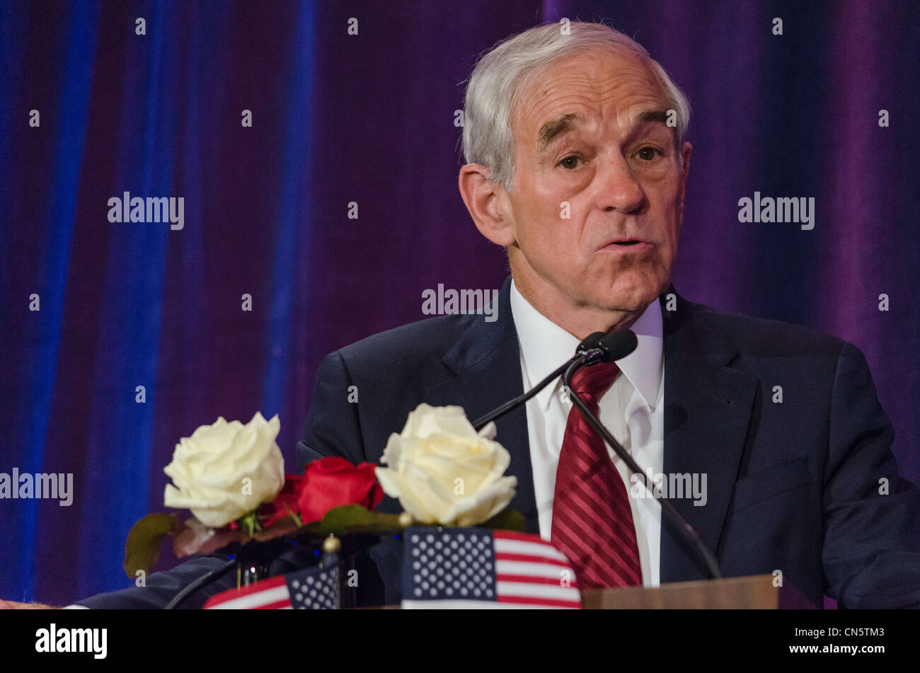 2012 presidential candidate, Ron Paul, speaks to supporters in San Francisco, California on 04/05/2012. Stock Photo