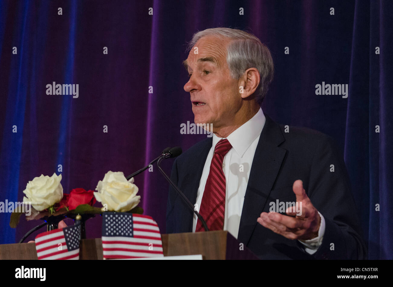 2012 presidential candidate, Ron Paul, speaks to supporters in San Francisco, California on 04/05/2012. Stock Photo