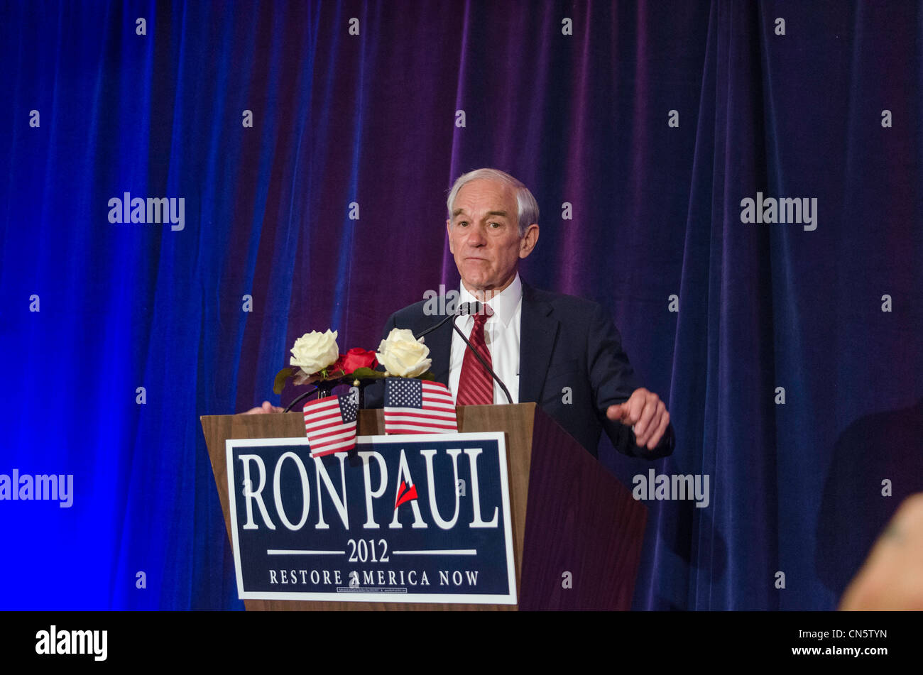 2012 presidential candidate, Ron Paul, speaks to supporters in San Francisco, California on 04/05/2012. Stock Photo