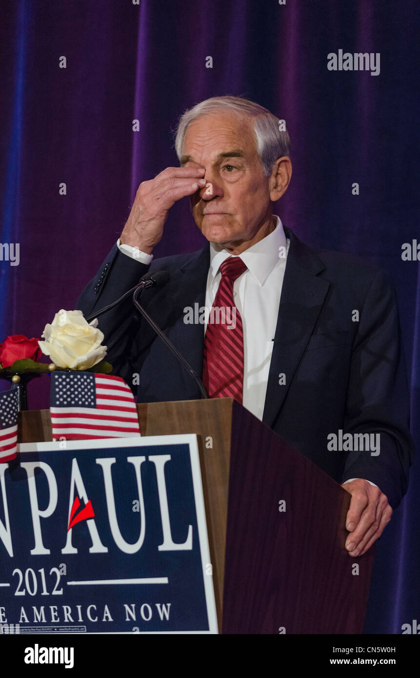 2012 presidential candidate, Ron Paul, speaks to supporters in San Francisco, California on 04/05/2012. Stock Photo