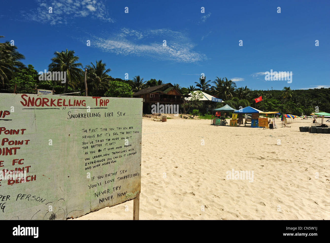 Malaysia, Terengganu State, Perhentian Islands, Perhentian Kecil, funny snorkeling advertisement Stock Photo