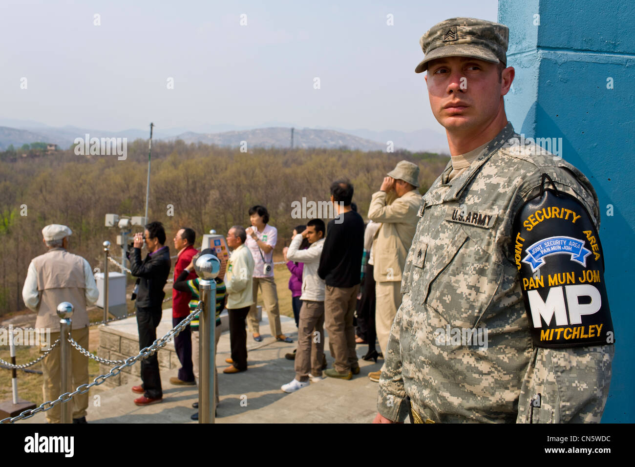 South Korea, Gyeonggi Province, Panmunjom, Joint Security Area (JSA), American soldier guiding tourists around JSA Stock Photo