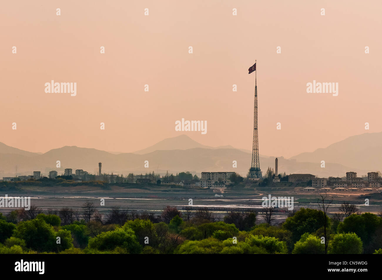 South Korea, Gyeonggi Province, Panmunjom, Joint Security Area (JSA), view of Kijong-Dong where there is a huge pole on top of Stock Photo