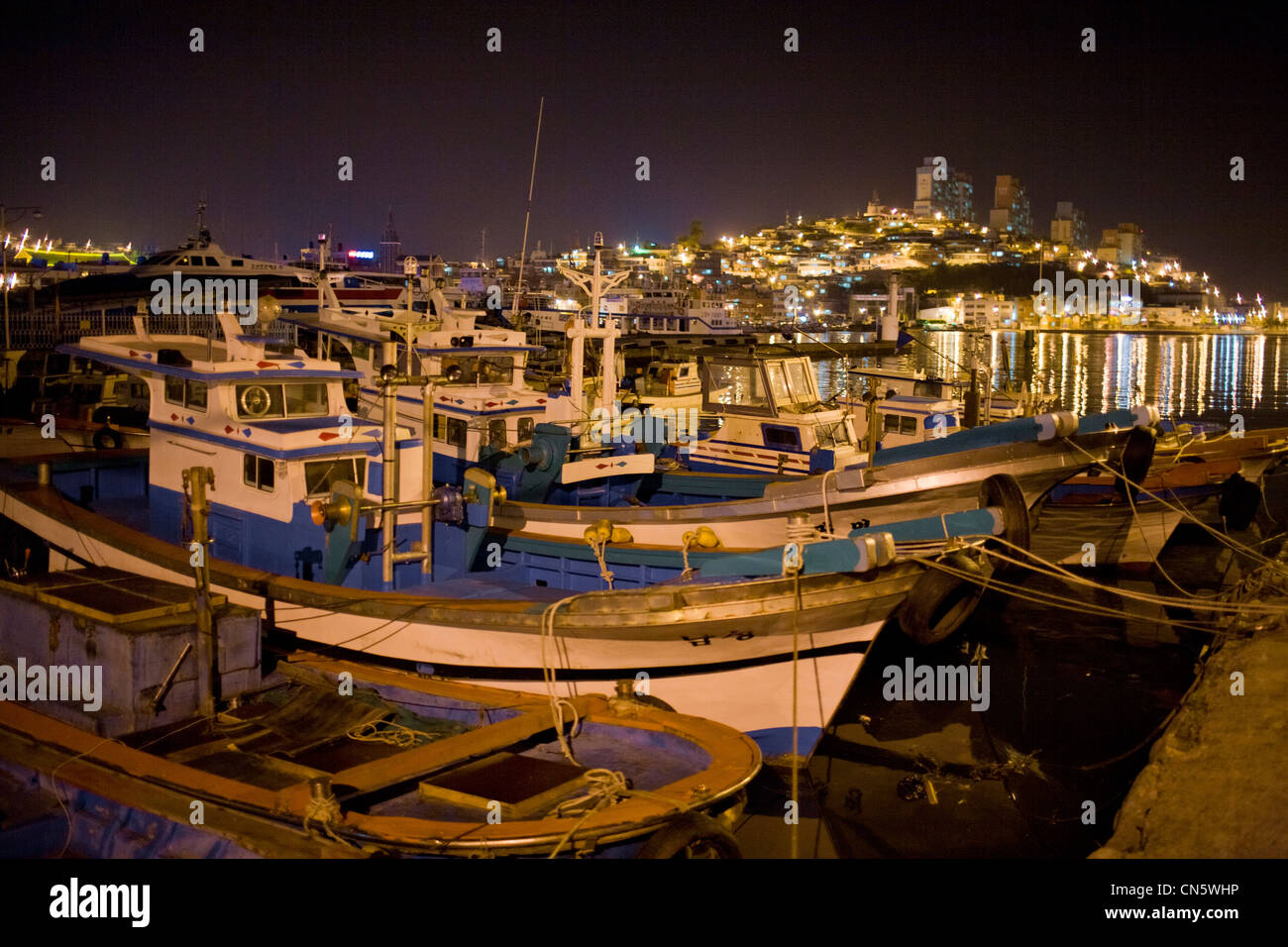 South Korea, South Jeolla Province, Yeosu, nightview of the harbour Stock Photo