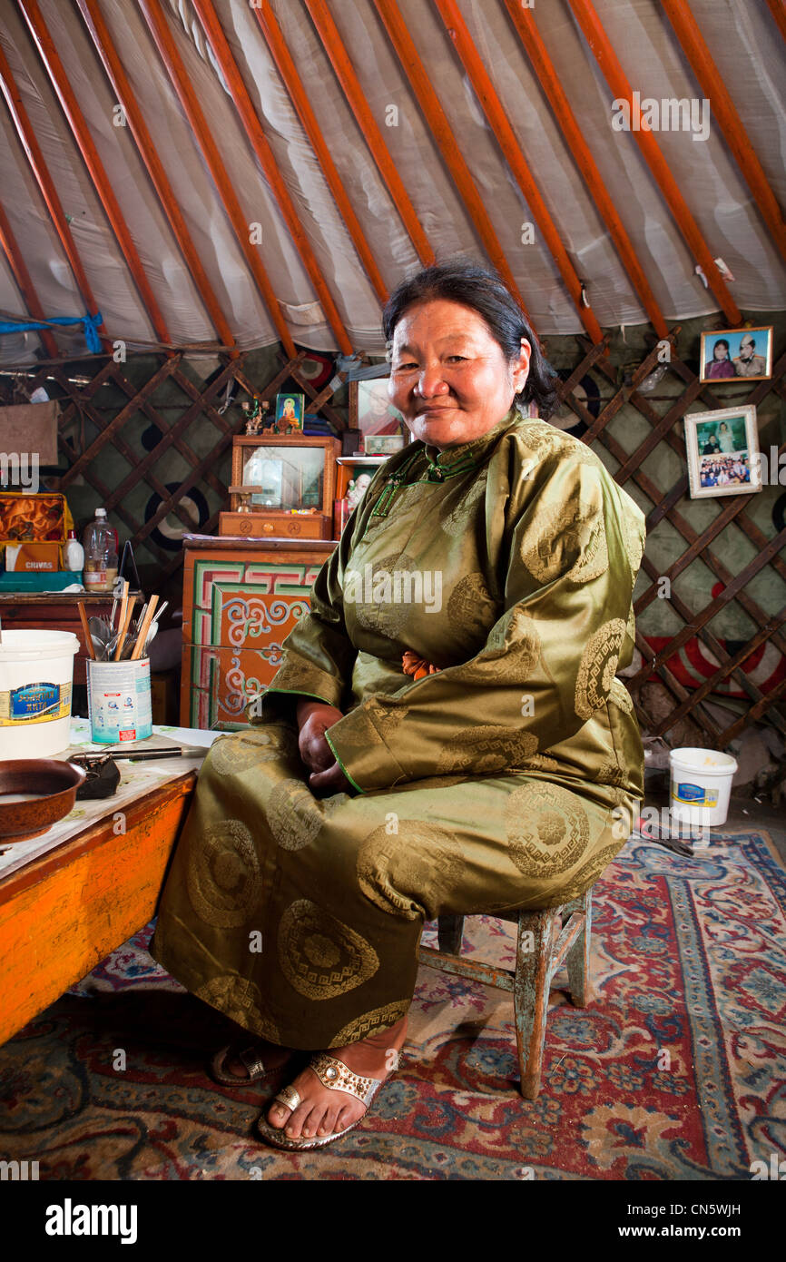 Portrait of Mongolian woman inside of Ger(yurt), khuduu aral, khentii province, Mongolia Stock Photo