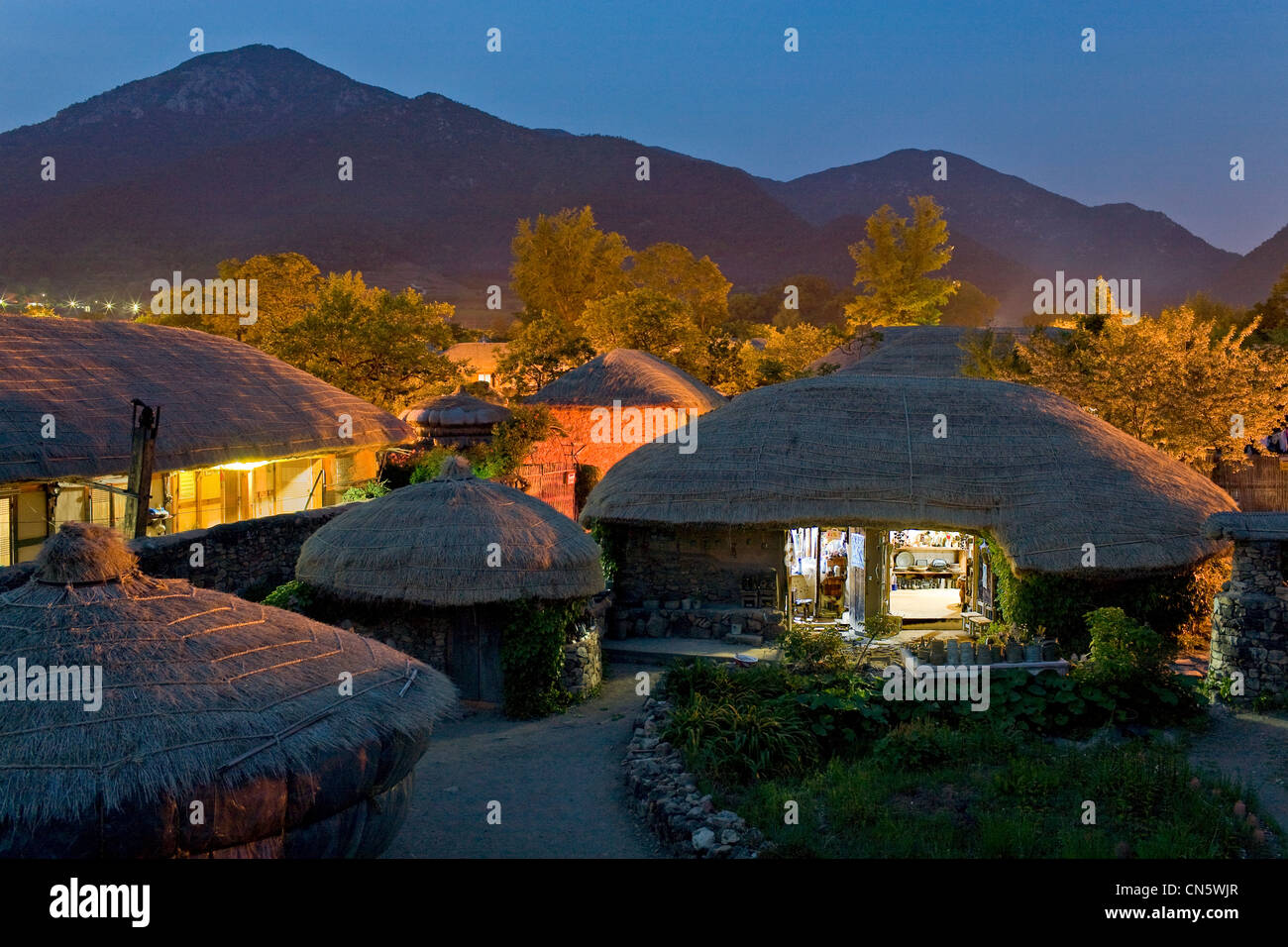 South Korea, South Jeolla Province, Nagan Folk Village, night view of Nagan Traditional Village and indoor details of a Stock Photo