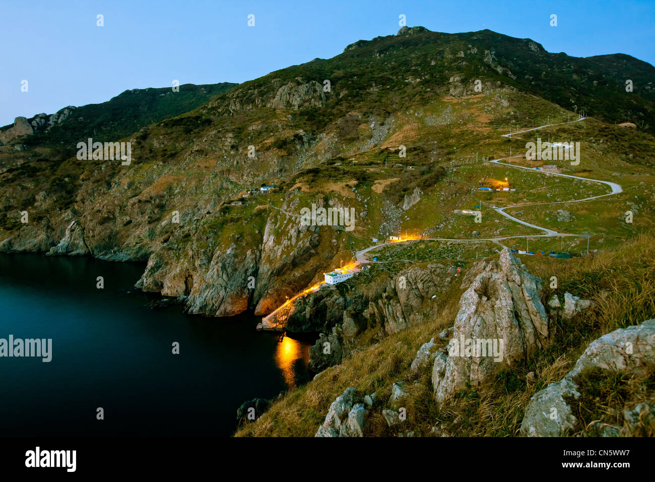 South Korea, South Jeolla Province, Gageodo, night view of the western tip of the Gageo Island, hotel and small winding road Stock Photo