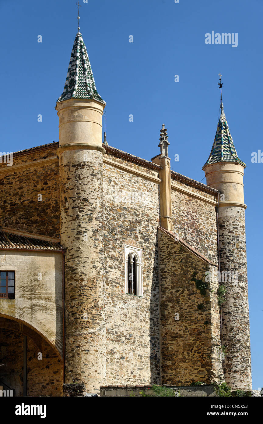 Spain, Extremadura, Guadalupe Royal Monastery of Santa Maria de Guadalupe listed as World Heritage by UNESCO, towers Hall Stock Photo