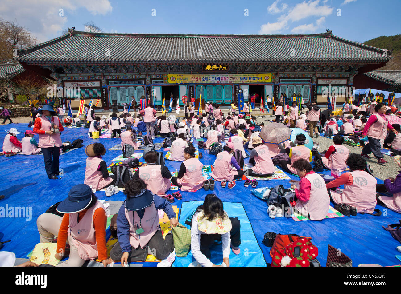 South Korea, North Gyeongsan Province, Gyeongju, Doseonsa Temple has organized a pilgrimage group to visit 108 Korean temples. Stock Photo