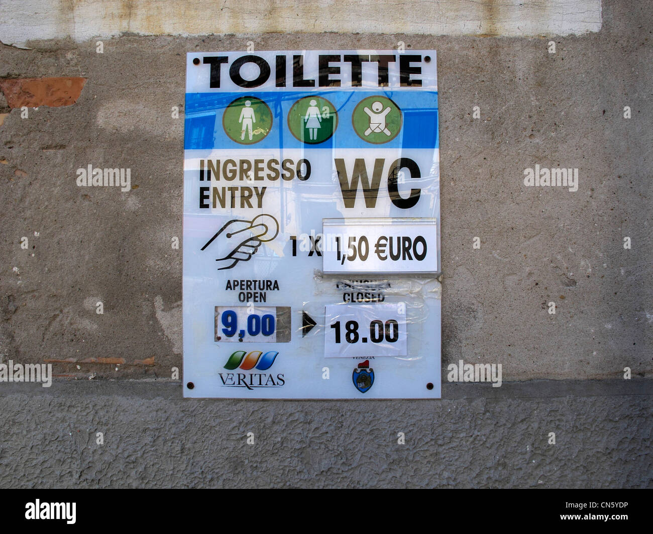 Europe Italy Veneto Venice Venezia toilet fee. Expensive price to go toilet in Venice. Tourist rid-off Stock Photo