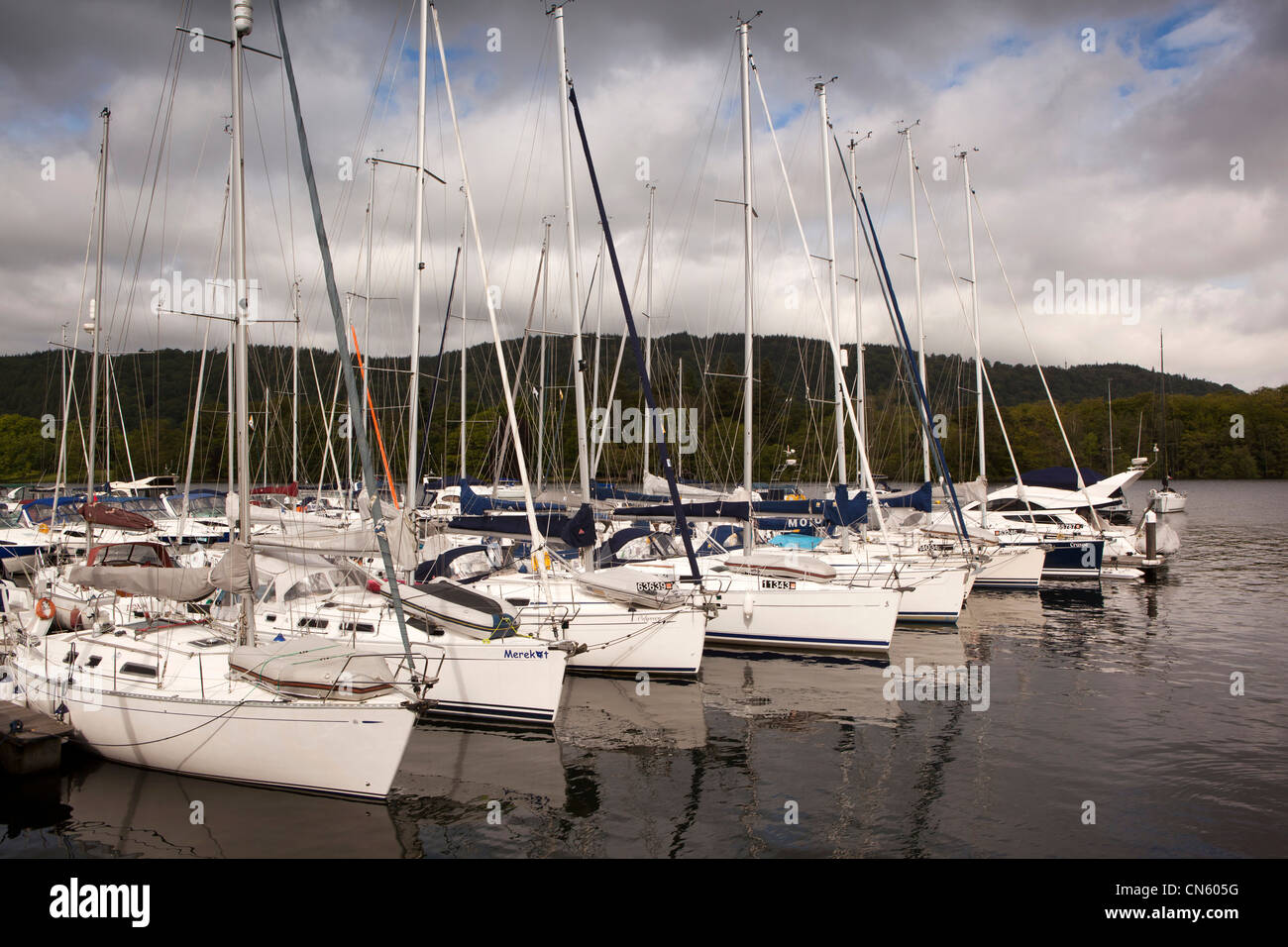 UK, Cumbria, Bowness on Windermere, Marina, sailing yachts moored on the lake Stock Photo