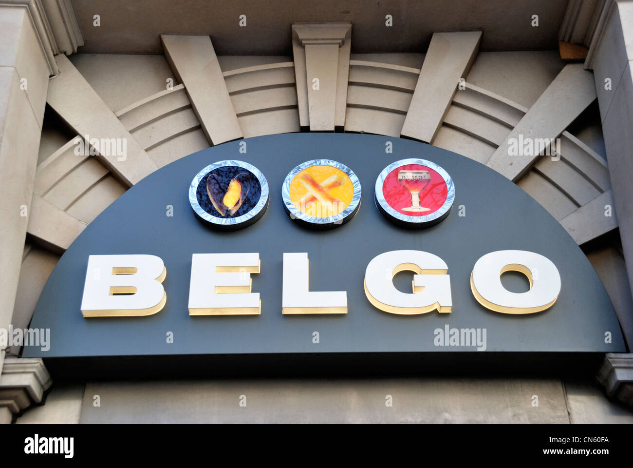 Belgo Belgian restaurant and bar sign logo, London, UK Stock Photo