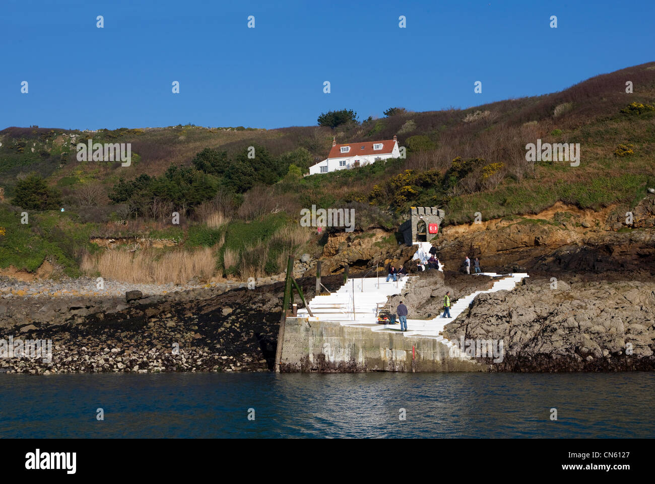 United Kingdom, Channel Islands, Herm Island, ferry pier Stock Photo