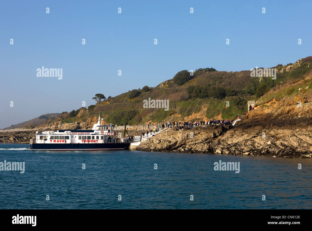United Kingdom, Channel Islands, Herm Island, ferry pier Stock Photo