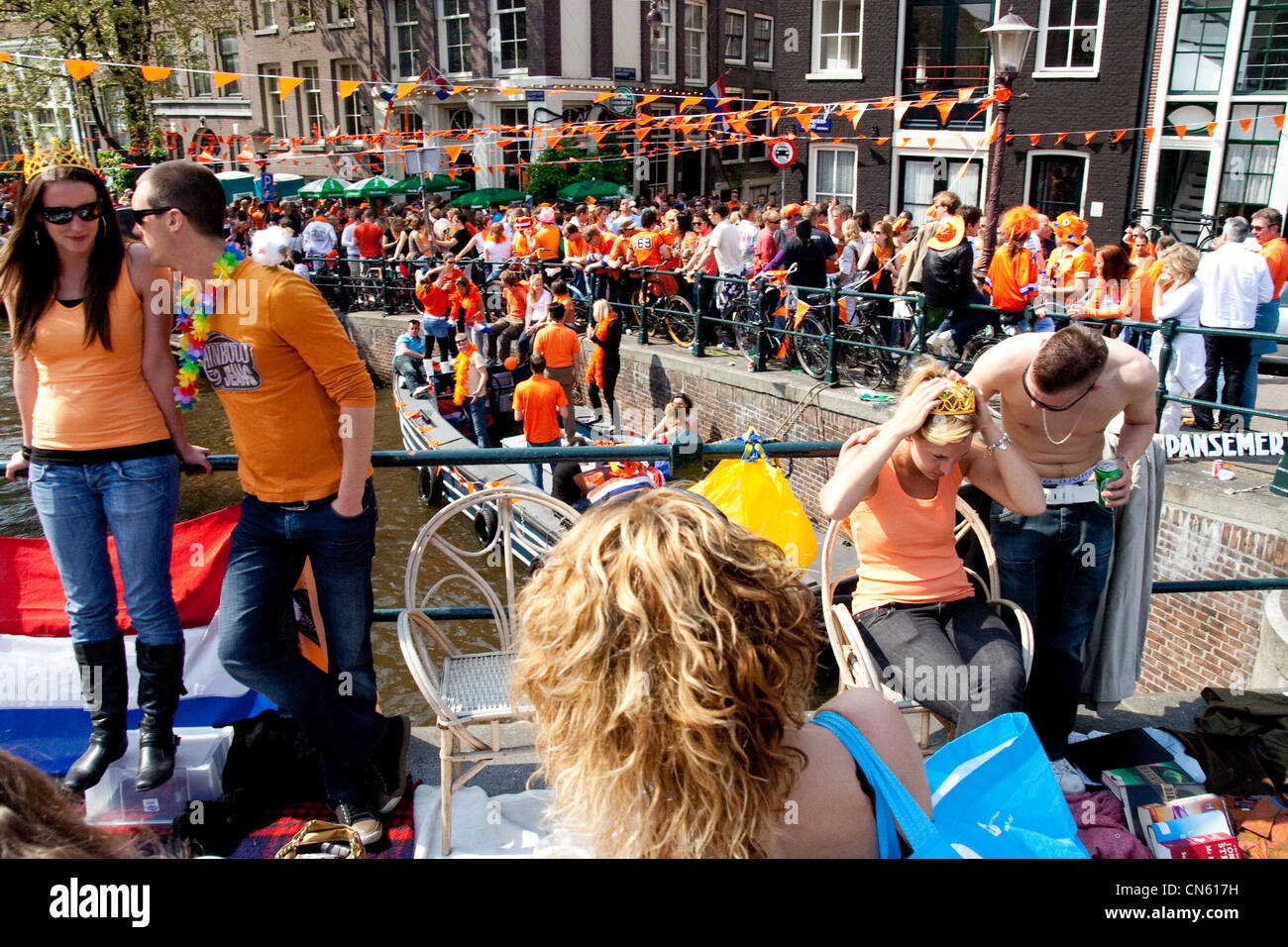 People celebrating queensday in Amsterdam Stock Photo