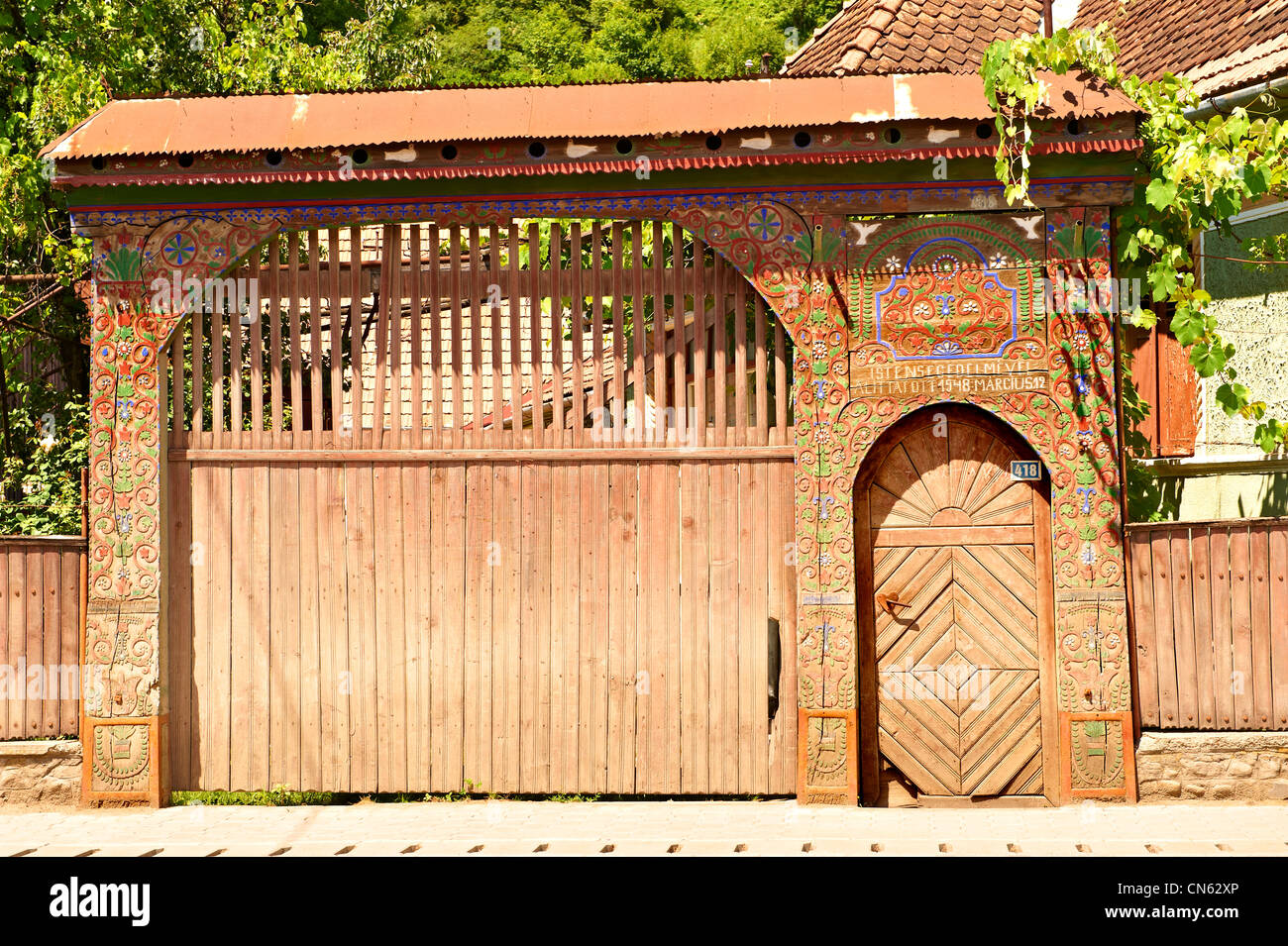 Traditional wooden Székely ( Szekely ) gates in a Szekely village near Cluj, Eastern Transylvania. Stock Photo