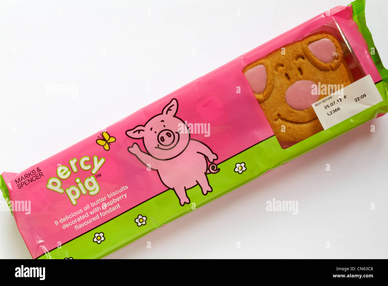 packet of Marks & Spencer percy pig biscuits set on white background Stock Photo