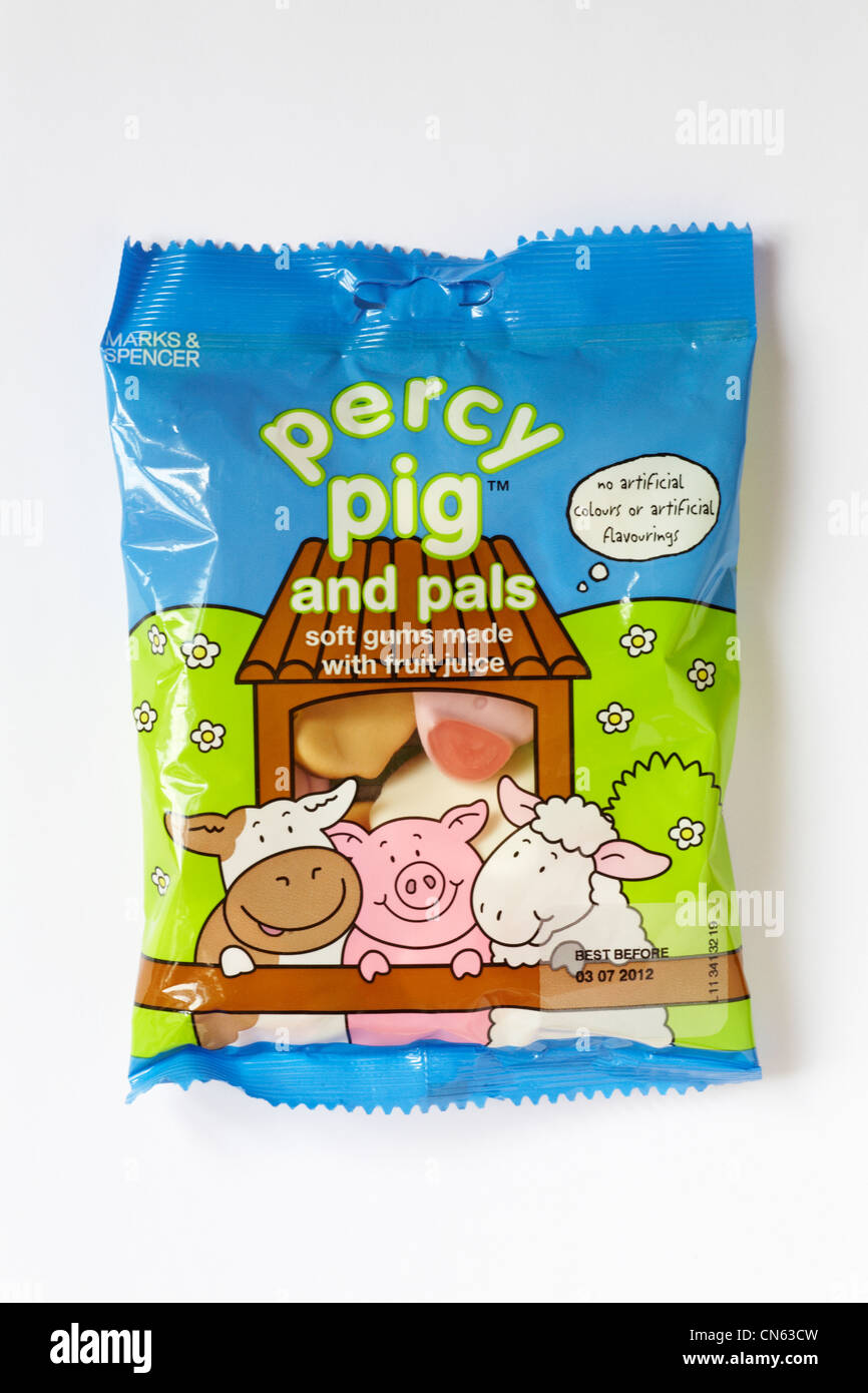 Bag of Marks & Spencer percy pig and pals sweets isolated on white background Stock Photo
