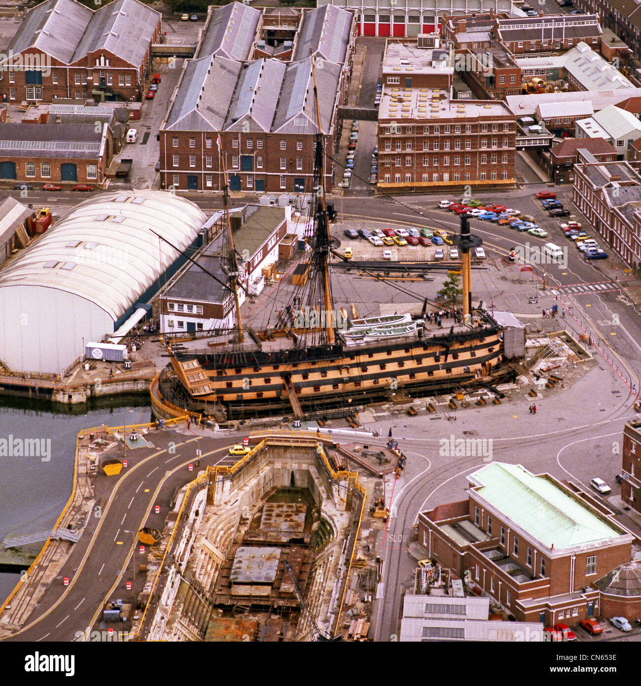 historic aerial view of HMS Victory in Portsmouth Dockyard in September 1984 Stock Photo