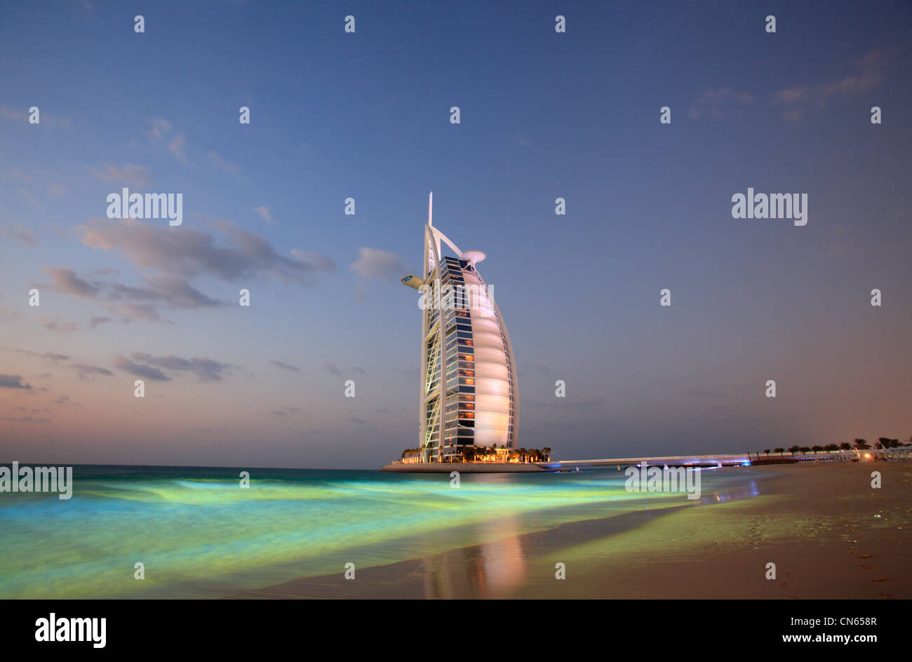 Burj Al Arab hotel with colored sea, Dubai, United Arab Emirates Stock Photo