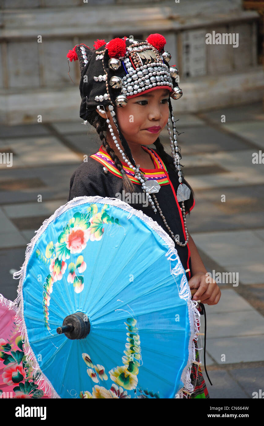 Young Akha Hill Tribe girl at Wat Phrathat Doi Suthep Buddhist temple, Doi Suthep, Chiang Mai, Chiang Mai Province, Thailand Stock Photo
