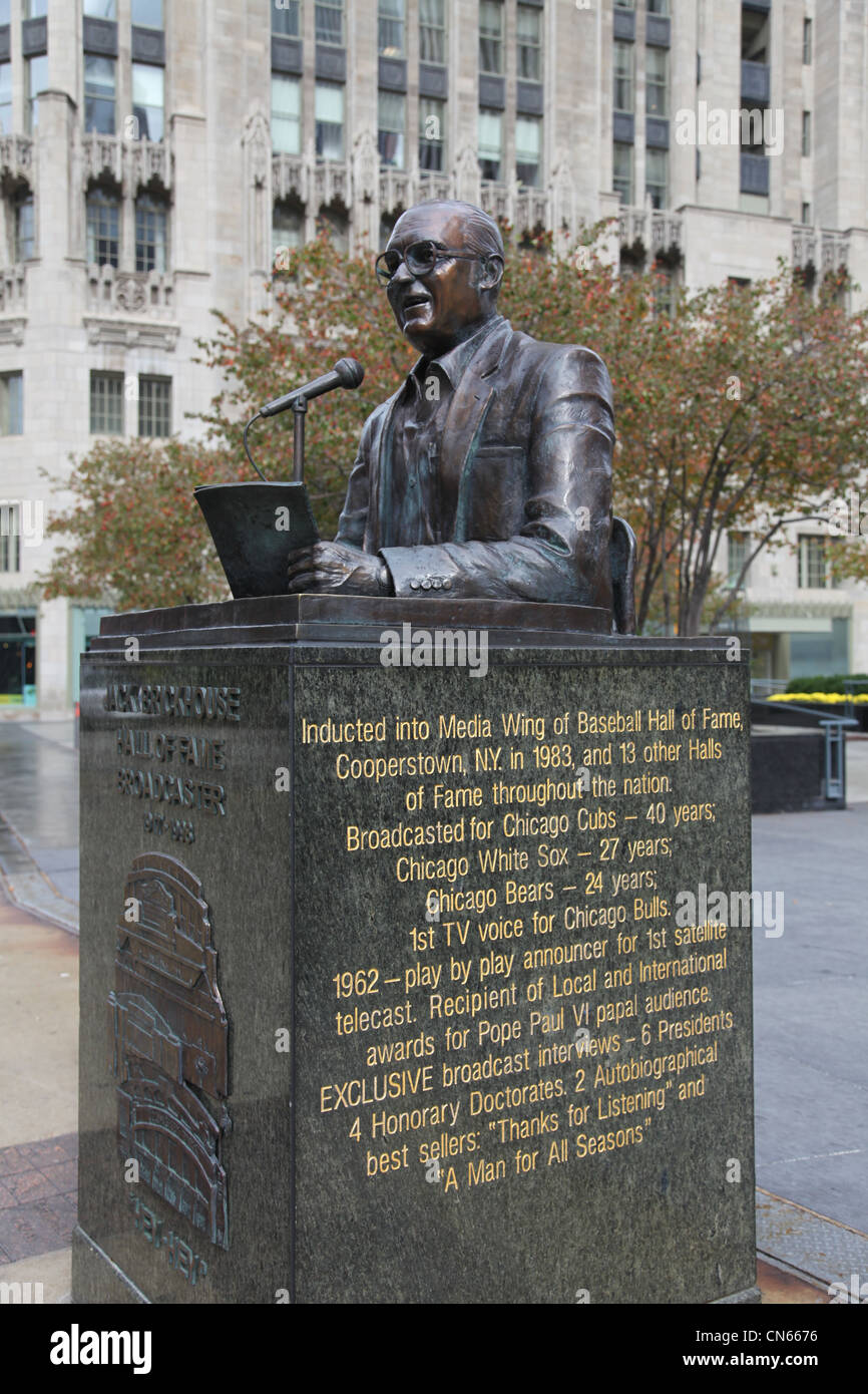 A bronze tribute to Jack Brickhouse a famous Chicago sports announcer and reporter in Michigan avenue downtown Chicago Stock Photo