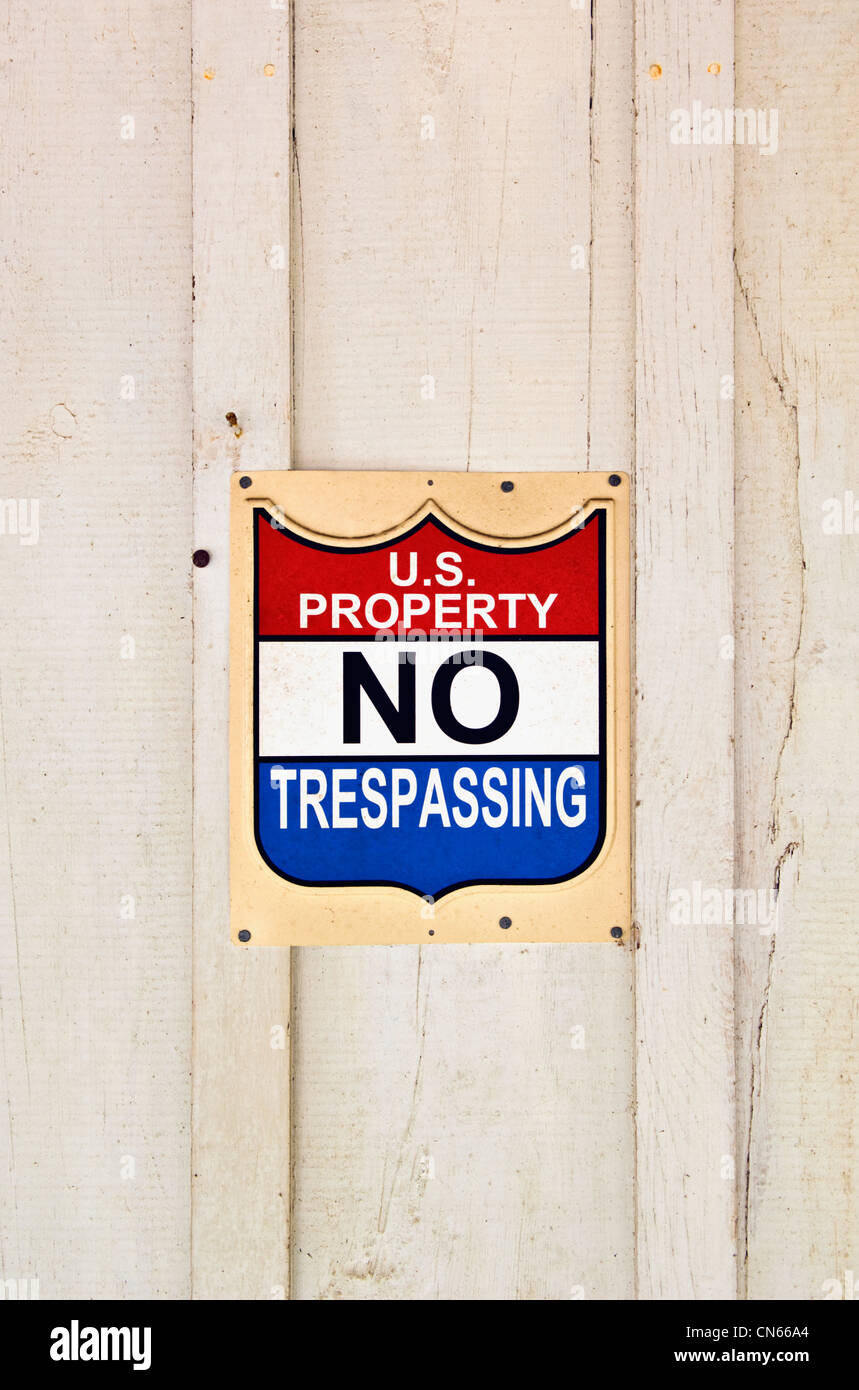 U.S. Property No Trespassing Sign on Side of Cabin in Millionaires Row in Elkmont Area of Great Smoky Mountains National Park Stock Photo