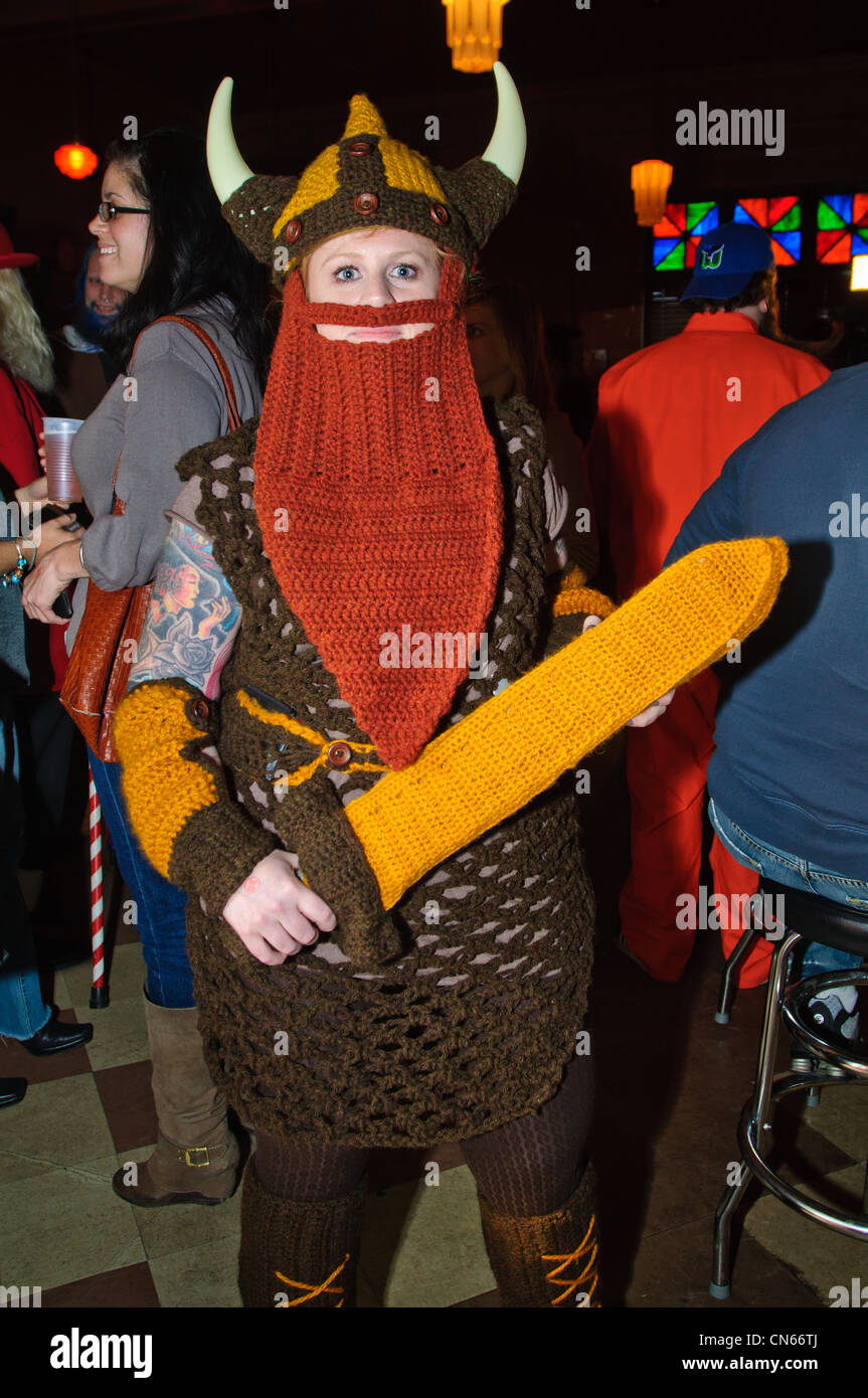 A woman wearing a crocheted viking costume at the Motor City Beard and Moustache Championships in Detroit, MI. April 16, 2011 Stock Photo