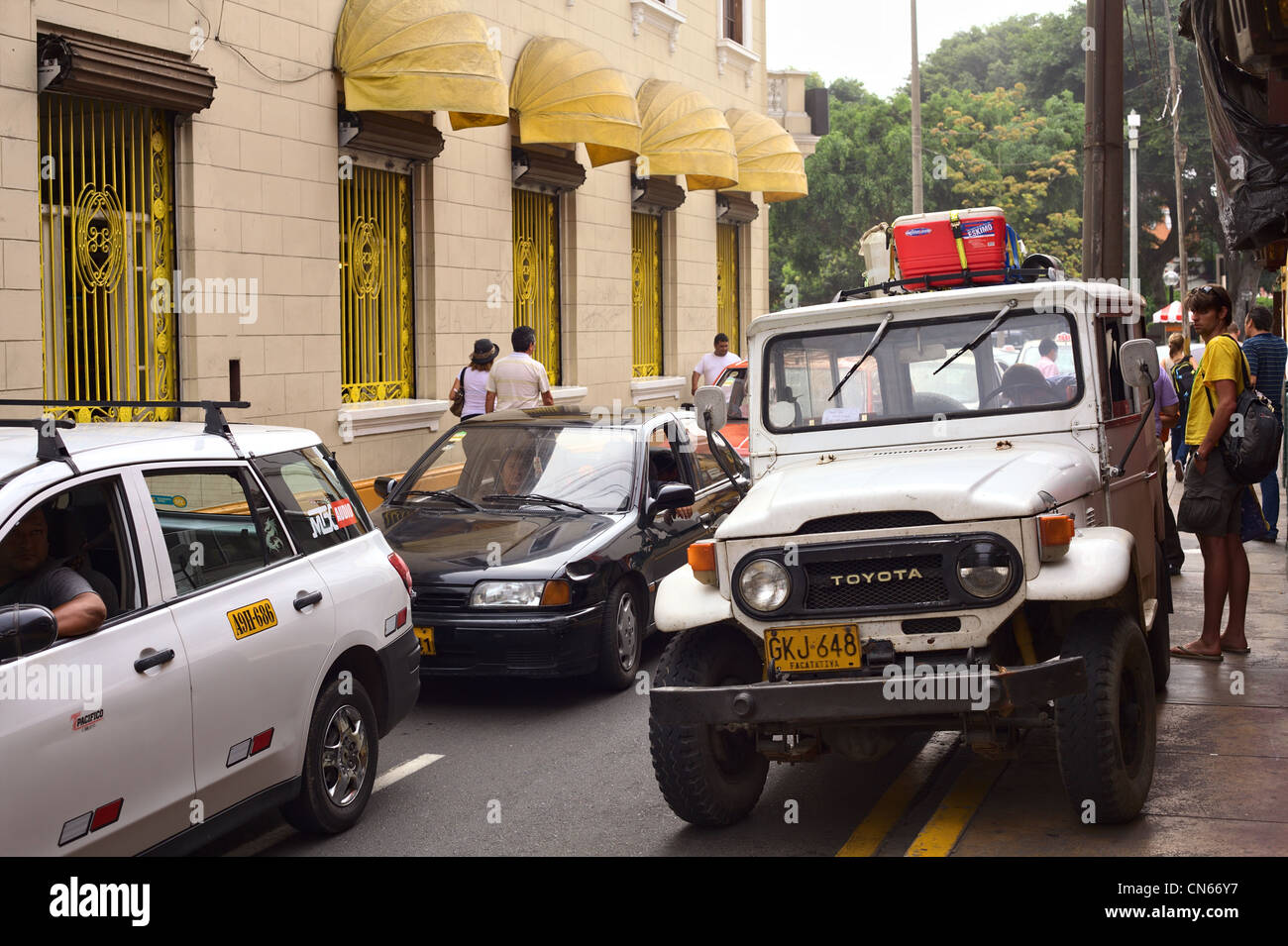 White Toyota Landcruiser fj40 in Ernesto Diez Canseco Street close to Parque Kennedy in Miraflores, Lima, Peru Stock Photo