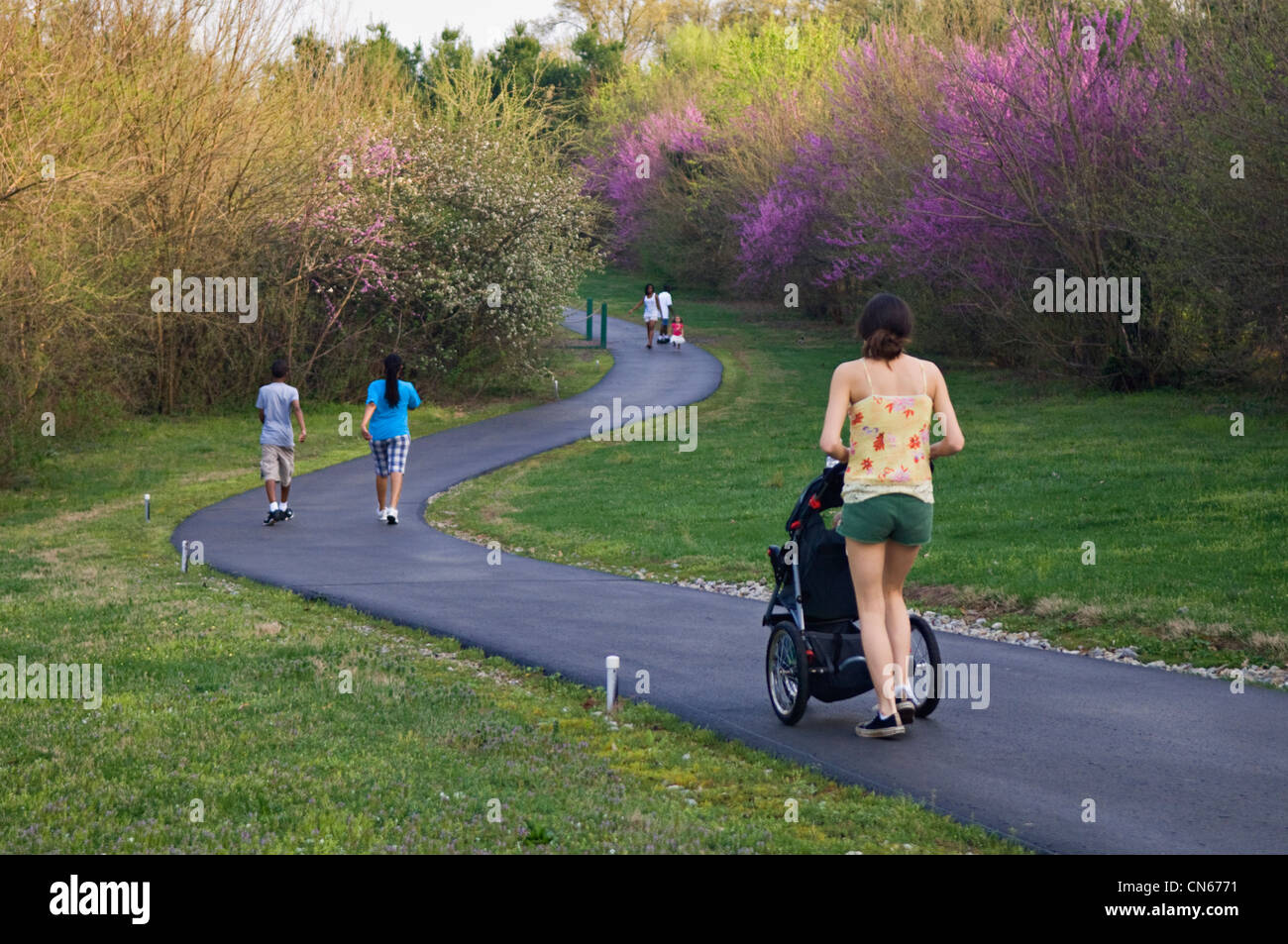 Young Mother Pushing Stroller Along Walking Path in Perrin Park in Jeffersonville, Indiana Stock Photo