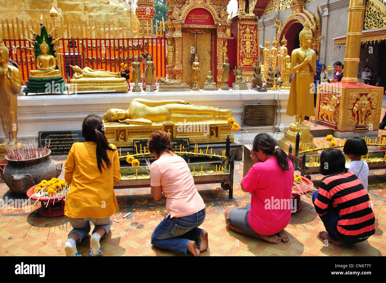 Shrine with golden Buddhas, Wat Phrathat Doi Suthep Buddhist temple, Doi Suthep, Chiang Mai, Chiang Mai Province, Thailand Stock Photo