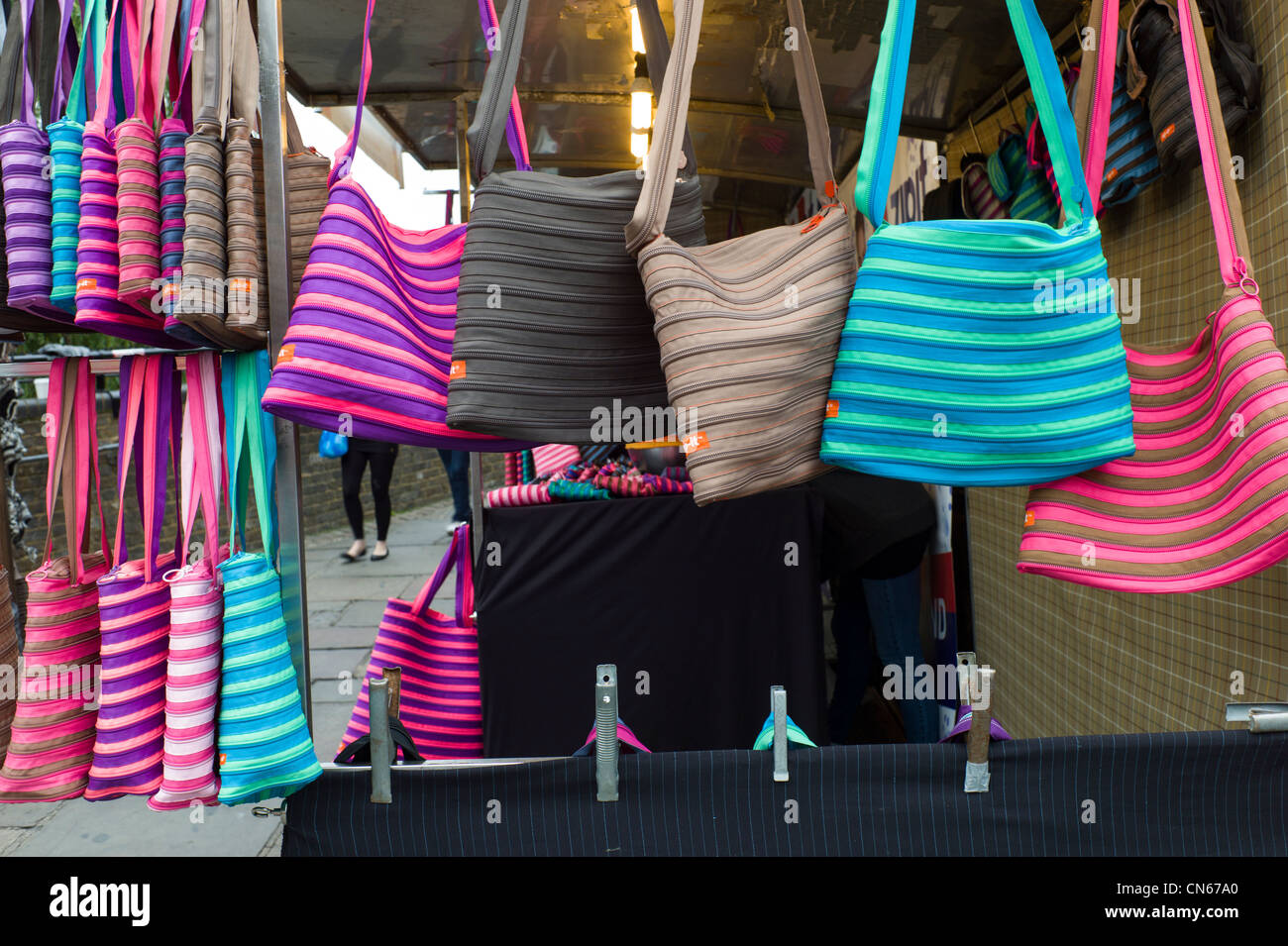 Zip bag stall at Camden Market, Camden Town, London. Stock Photo