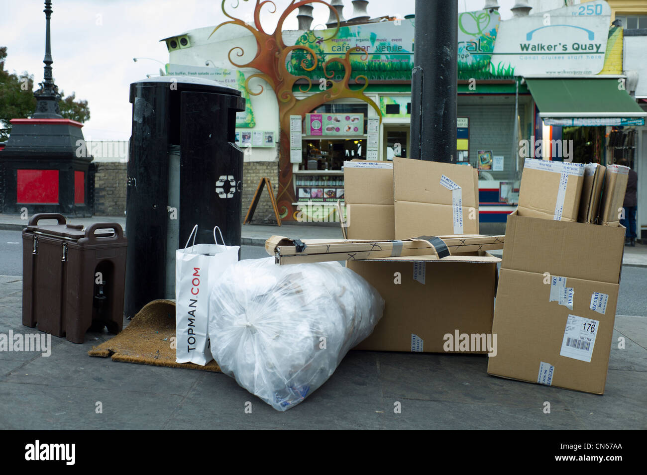 Cardboard boxes and rubbish for recycling, Camden Market, Camden Town, London England Stock Photo