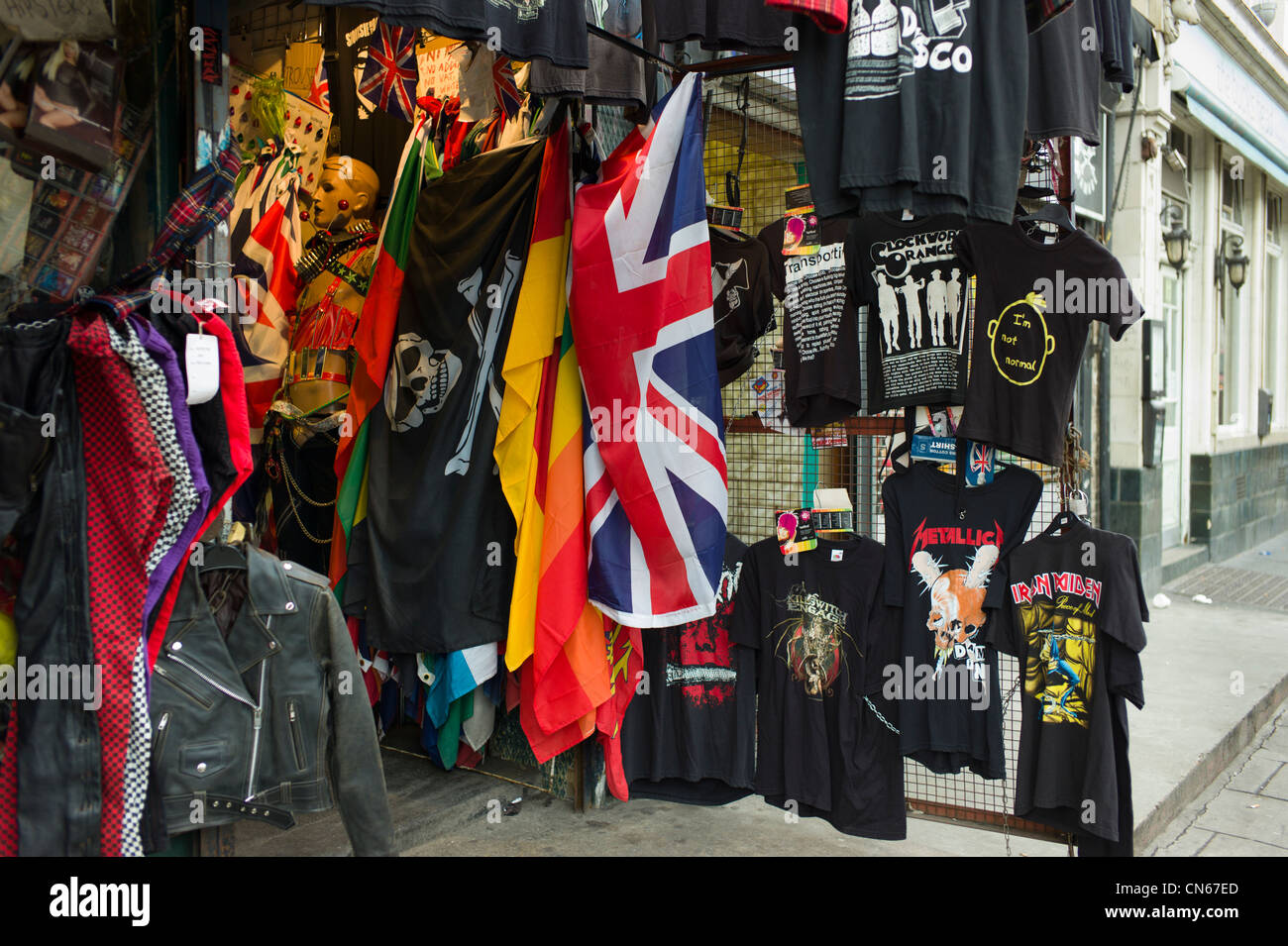 Display of Union Jack flag & t-shirts, outside shop in Camden Market, Camden Town, London Stock Photo