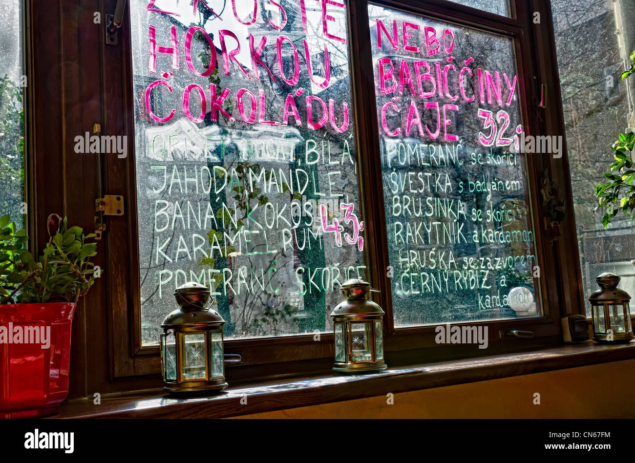 Photo of a window with a menu in a Bar in Brno. Brno is the 2nd largest city in the Czech Republic. Stock Photo
