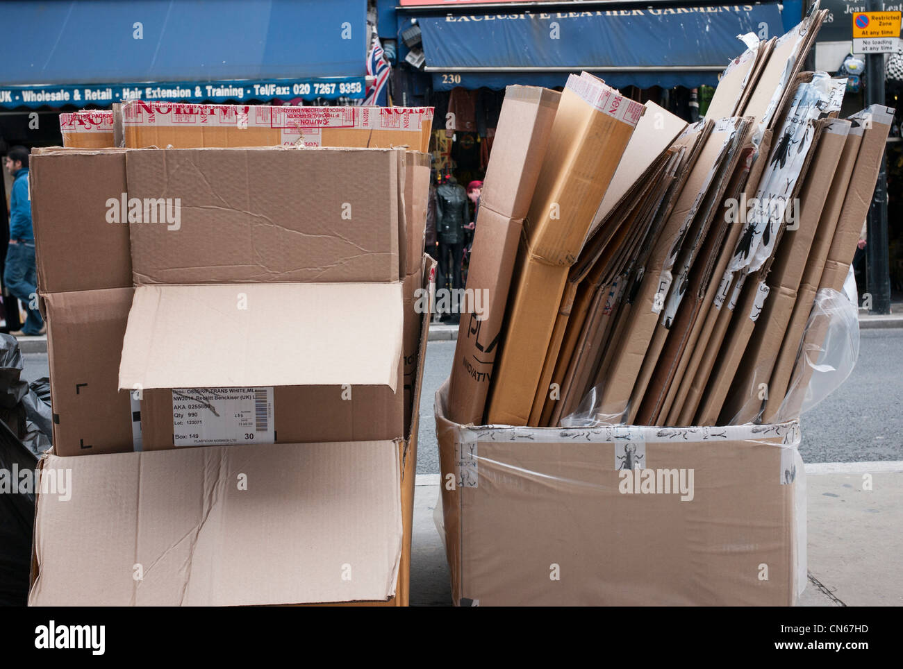 Cardboard boxes and rubbish for recycling, Camden Market, Camden Town, London England Stock Photo