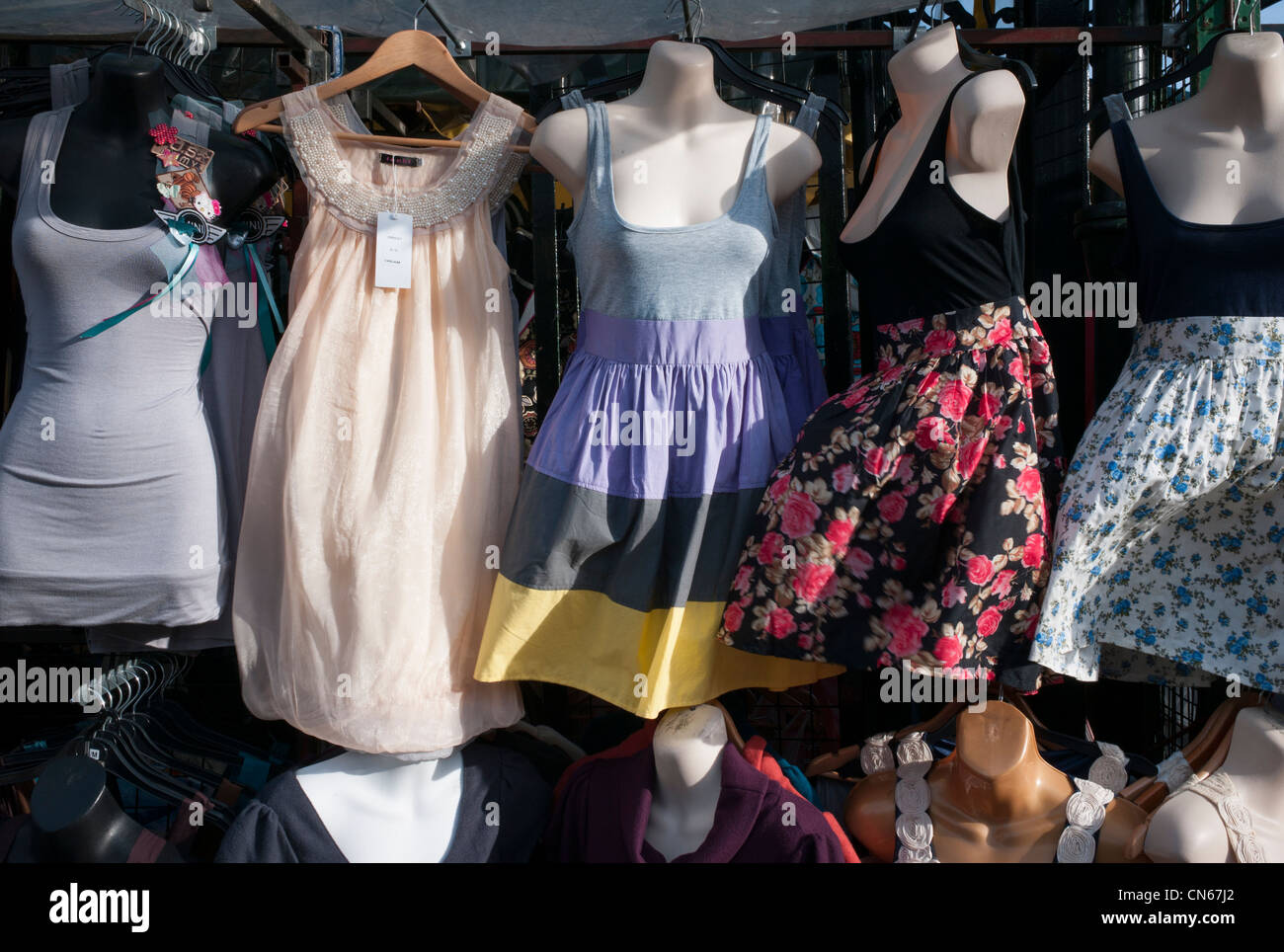 Mannequins wearing dresses outside shop in Camden Market, Camden Town, London England Stock Photo