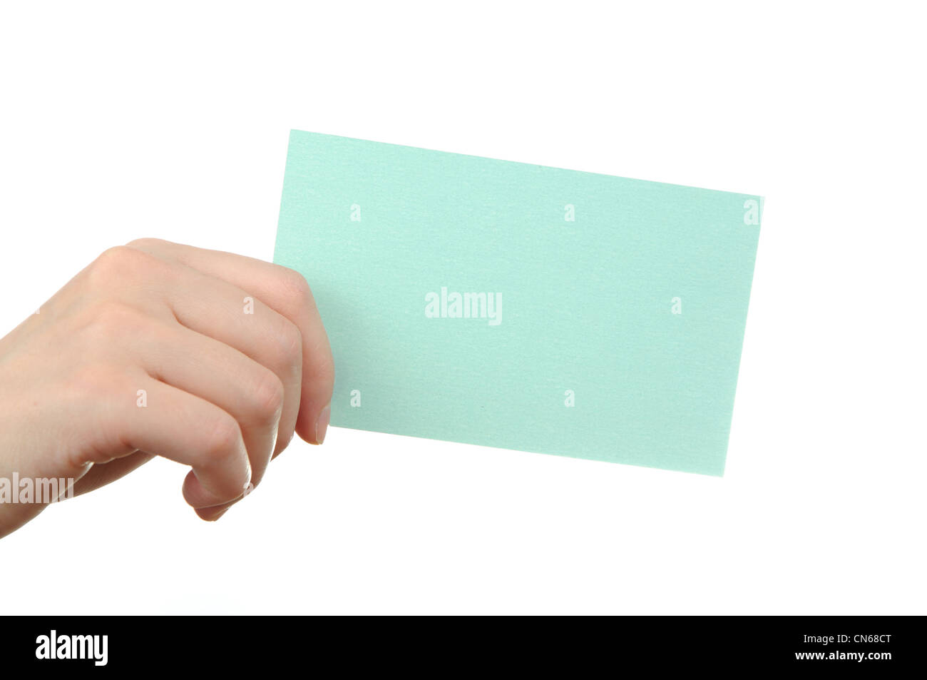 Empty light blue business card in a woman's hand Stock Photo